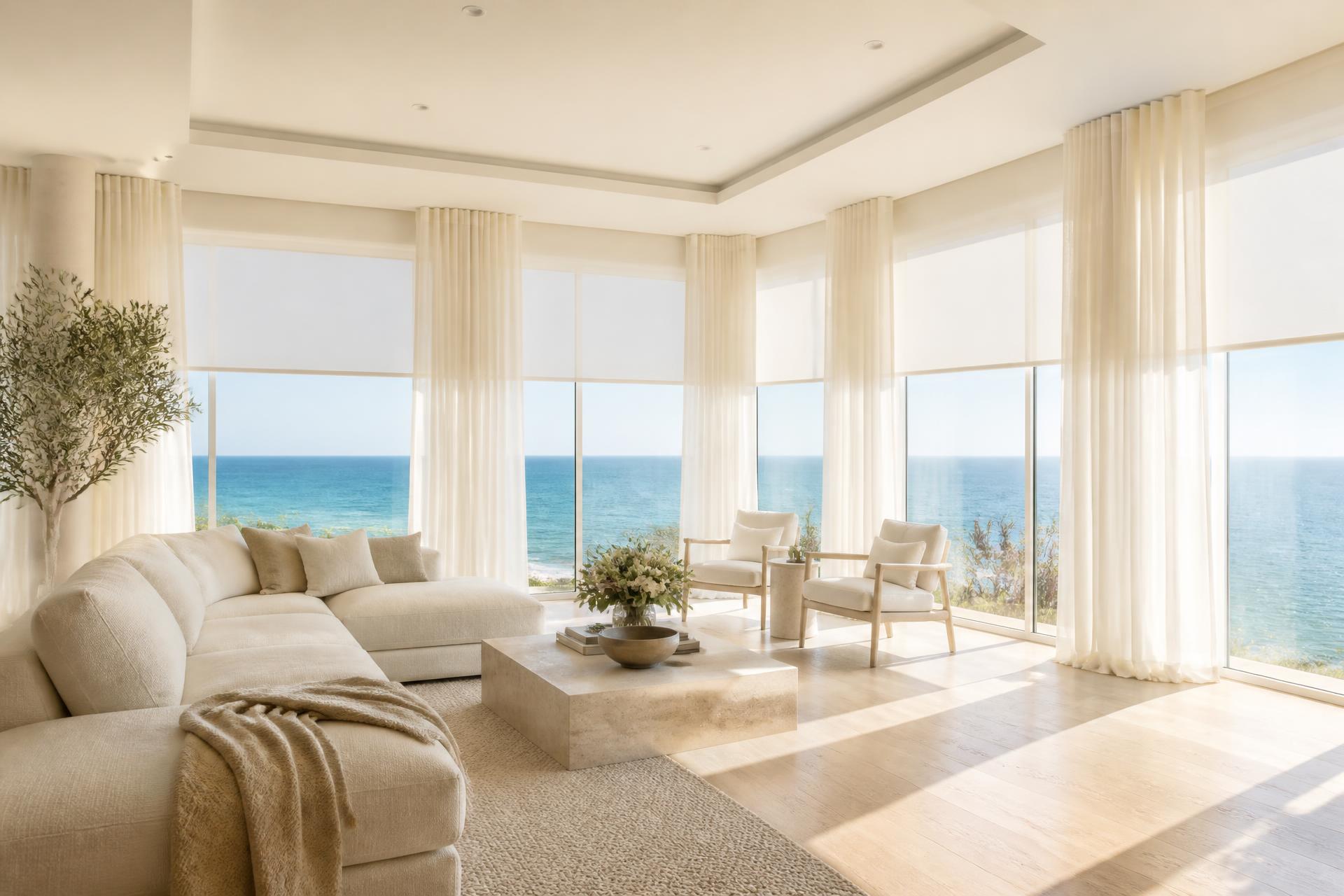 Sunlit living room with sheer roller shades and linen drapes
