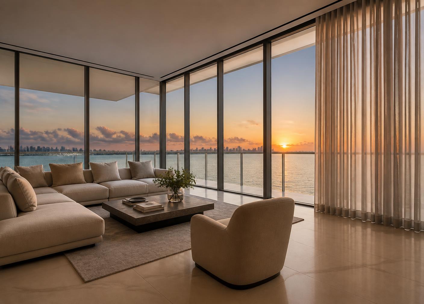 Bayfront living room with sheer ripple fold drapes at sunset