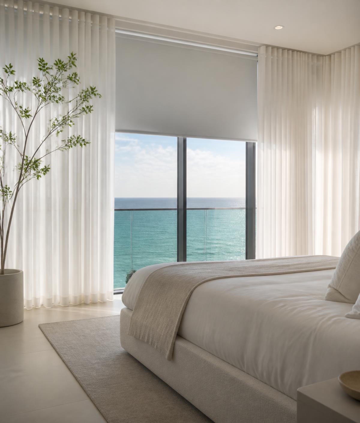 Oceanfront bedroom with sheer drapes and a blackout roller shade