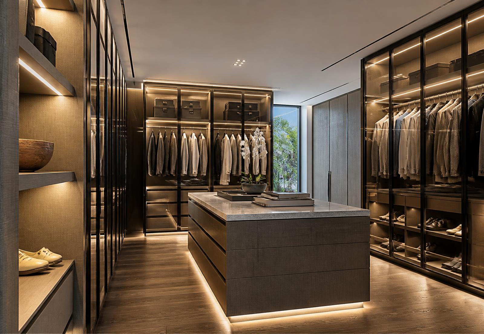 Luxury custom walk-in closet with lighting and island