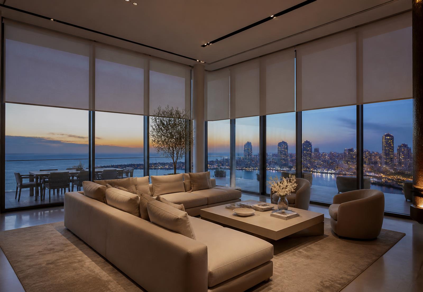 Penthouse living room with motorized solar shades and ocean view
