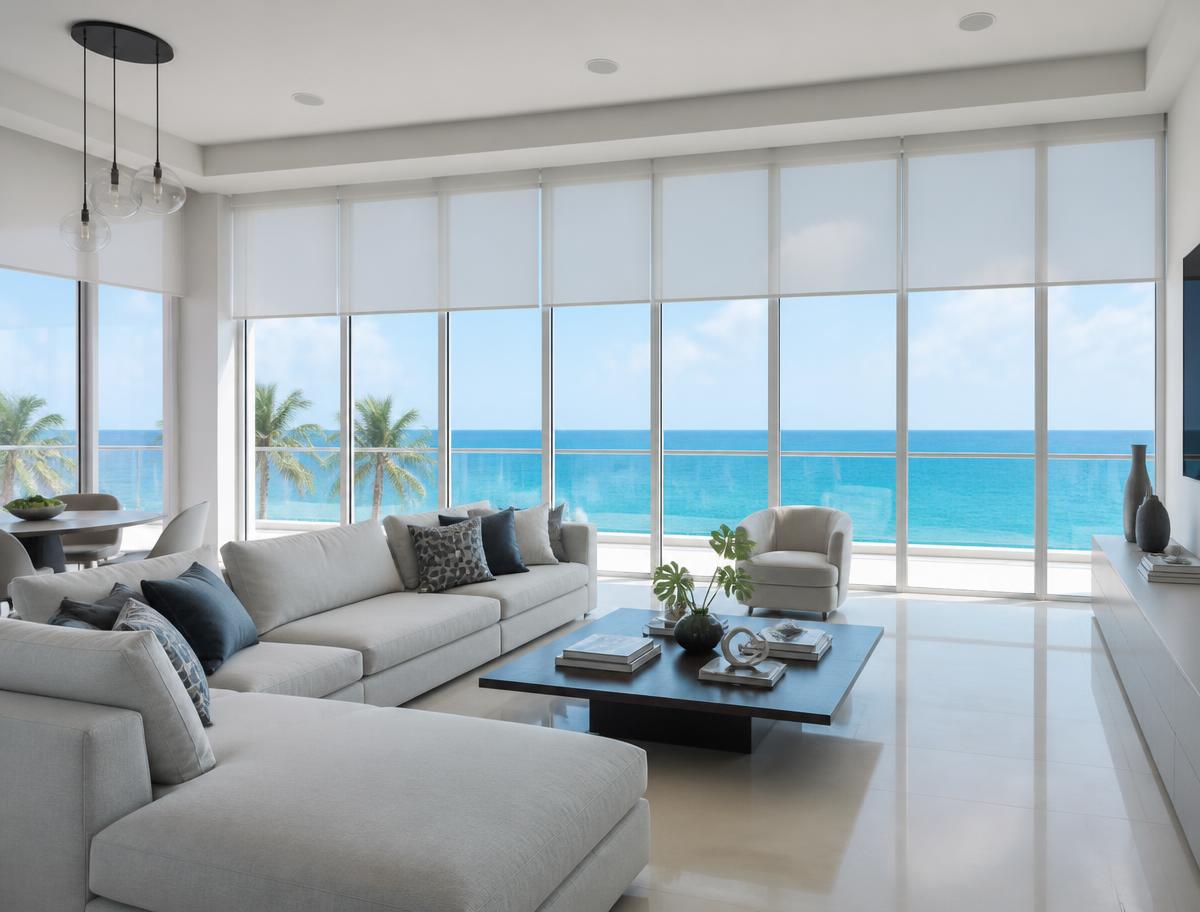 Bedroom with floor-to-ceiling drapes and roman shades