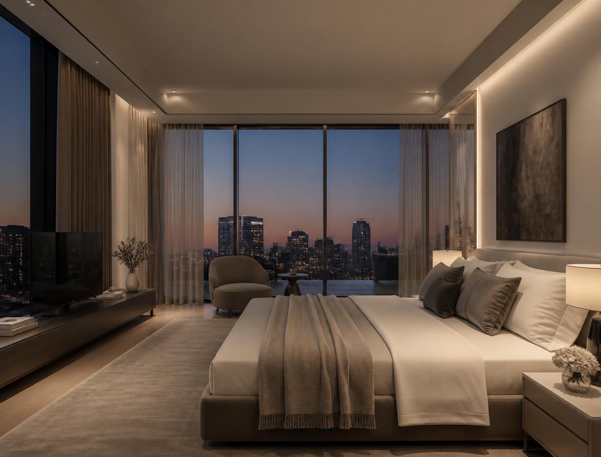 Apartment with motorized roller shades and a city view